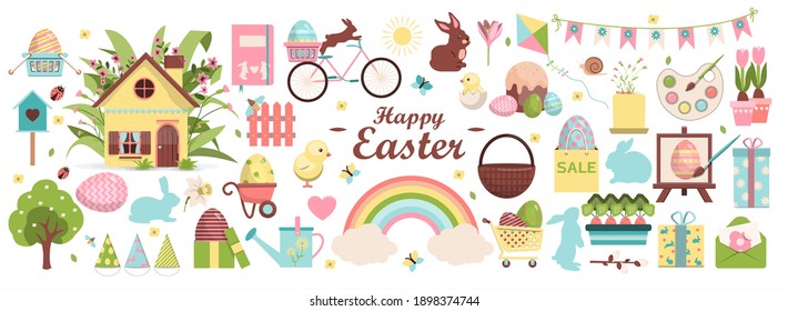 Large Vector Easter Set. Flat Design Featuring Hares, Butterflies, Painted Eggs, Cake, Chicken, Rabbit, Bicycle, Chicken, Basket, Gift, Garland, Flowers And Rainbows. Template For A Postcard