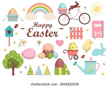 Large Vector Easter Set. Flat Design Featuring Hares, Butterflies, Painted Eggs, Cake, Chicken, Rabbit, Bicycle, Chicken, Basket, Gift, Garland, Flowers And Rainbows. Template For A Postcard