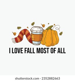 Large vector fall set. Autumn season. Leaves, acorns, sweater, scarf, pumpkins, candle, hedgehog, pie, rainbow, lettering. Collection of fall elements for scrapbooking. Hand drawn style