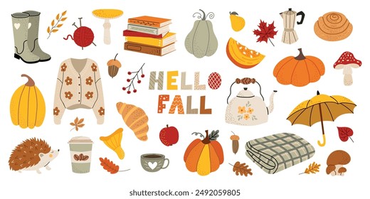 Large vector fall set. Autumn season. Cozy sweater, pumpkin, mushroom, coffee, books, hedgehog, umbrella, leaves, acorns. Collection of fall elements for scrapbooking. Hand drawn style. Banner, poster