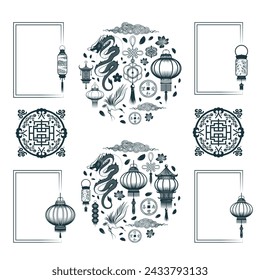 Large vector isolated set of frames, ornaments and feng shui symbols for Chinese themed design, tattoos and prints.