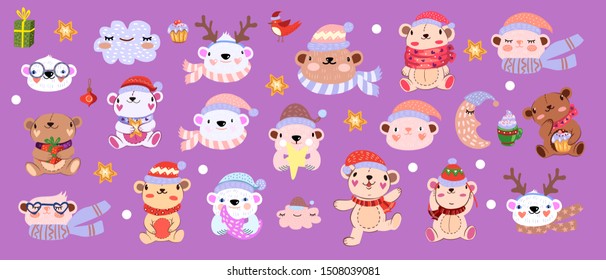 Large vector Scandinavian style set with Christmas cute bears in hats, glasses, scarfs and antlers. Childish funny characters for nursery posters, greeting cards, party flyers, stickers.