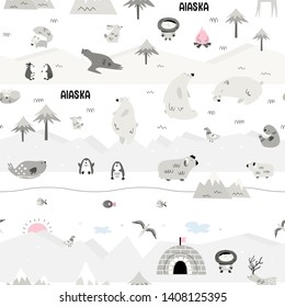 Large vector seamless pattern with Alaska inhabitants. Wild animals and nature. Scandi style. Children print. Wildlife