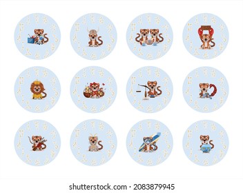 A large vector set of 12 zodiac signs. Year of the tiger, Chinese calendar and horoscope with aries, Taurus, gemini, cancer, leo, virgo, Libra, Scorpio, Sagittarius, Capricorn, Aquarius, Pisces. 