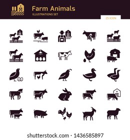 A large vector set of 25 farm and farm animal icons that are great for illustrations, infographics and logos of stores or other businesses. Icons isolated on white background.