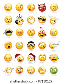 Large vector set of 30 emoticons with various facial expressions