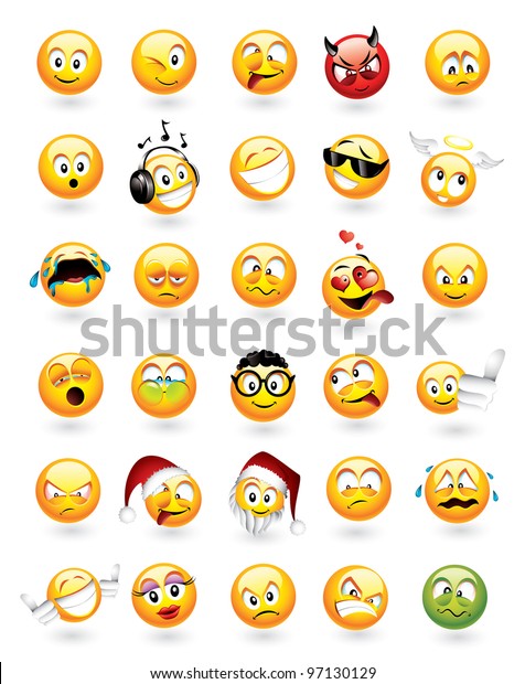 Large vector set of 30 emoticons with various facial expressions