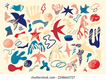 A large vector set with abstract elements, stars and birds in the matisse style. Abstract geometric elements for design.