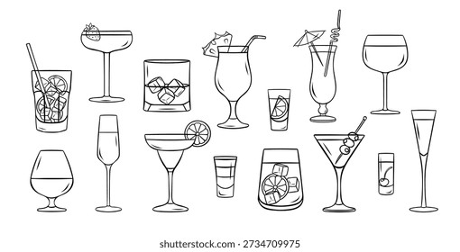 Large vector set of alcoholic beverages and summer cocktails. Simple black and white doodle icons in sketch style for menu design
