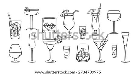 Large vector set of alcoholic beverages and summer cocktails. Simple black and white doodle icons in sketch style for menu design