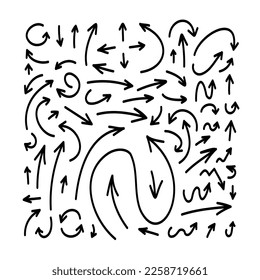 Large vector set of arrows pointing in different directions. Hand drawn, doodle elements isolated on white background.