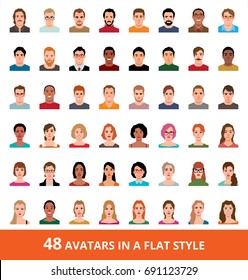 Large vector set of avatars of men and women in a flat style