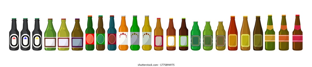 large vector set of beer bottles for a bar or restaurant, a collection of beer bottles of various shapes and sizes