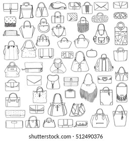 Large vector set of black and white doddle fashion bags, hand drawn with black ink, isolated on white background. Illustration with group of various handbag, purse, pouch, satchel, clutch, bag.