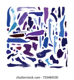 Large vector set with bright blue, purple and aqua brush strokes. Hand drawn illustration, good for decoration, print and design