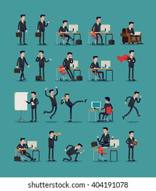 Large vector set of businessman character poses, gestures and actions. Office worker professional standing, walking, talking on phone, working, running, jumping, searching, and more.