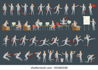 Large vector set of businessman character poses, gestures and actions. Office worker professional standing, walking, talking on phone, working, running, jumping, searching, and more. art