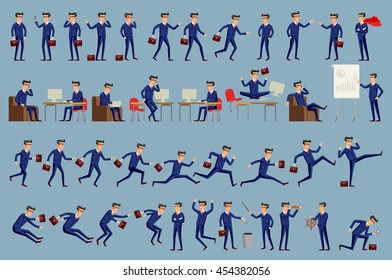 Large vector set of businessman character poses, gestures and actions. Office worker professional standing, walking, talking on phone, working, running, jumping, searching, and more. art