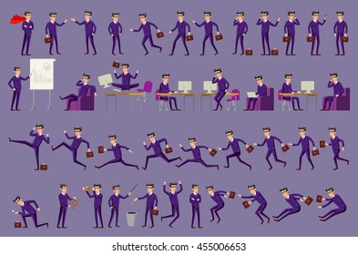 Large vector set of businessman character poses, gestures and actions. Office worker professional standing, walking, talking on phone, working, running, jumping, searching, and more. art