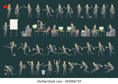 Large vector set of businessman character poses, gestures and actions. Office worker professional standing, walking, talking on phone, working, running, jumping, searching, and more. art