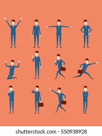 Large vector set of businessman character poses, gestures and actions. Office worker professional standing, walking, talking on phone, working, running, delight, searching, and more.