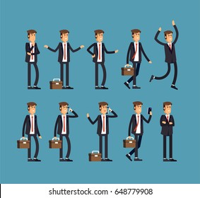 Large vector set of businessman character poses, gestures and actions. Office worker professional standing, walking, talking on phone, working, running, jumping, searching