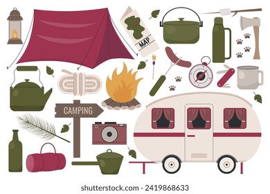 Large vector set with cartoon style camping illustrations.
