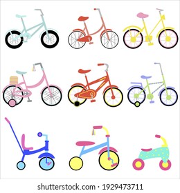 Large vector set of children's bicycles of different ages. Objects isolated on white background.
