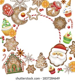 Large vector set of Christmas gingerbread. Bright colorful gingerbread in the form of Santa Claus, snowman, snowflakes, Christmas tree, candy, cakes.