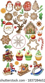 Large vector set of Christmas gingerbread. Bright colorful gingerbread in the form of Santa Claus, snowman, snowflakes, Christmas tree, candy, cakes.