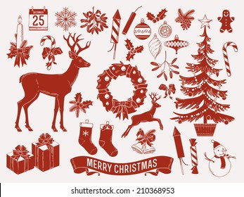 Large vector set of christmas themed items red on milk white silhouettes such as mistletoe, snow man, jingle bells, wreath, deer, candle, noel tree and more | Xmas scrapbook set