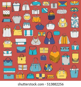 Large vector set of colorful doodle fashion bags, hand drawn with black ink, isolated on red background. Illustration with group of various handbag, purse, pouch, satchel, clutch, bag
