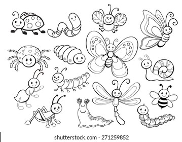 Large Vector Set of Cute Cartoon Bug Line Art
