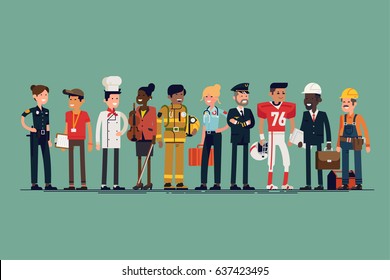 Large vector set of different profession characters in flat design. Men and women of different careers and jobs line-up. Group portrait of specialists and professionals