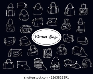 Large vector set of doddle fashion bags, solated on black background. Illustration with group of various handbag, purse, pouch, satchel, clutch, bag.