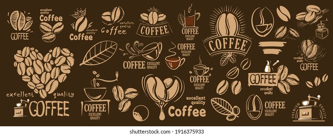 Large vector set of drawn logos and coffee elements