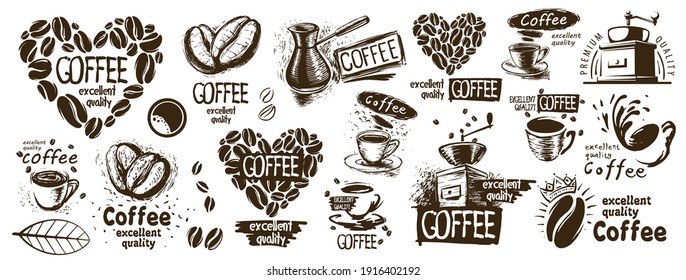 Gran conjunto vectorial de logotipos dibujados y elementos de café