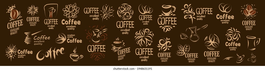 Large vector set of drawn logos and coffee elements