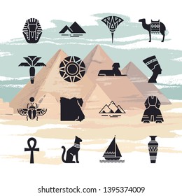 A large vector set of filled icons on the theme of the landmarks of Egypt, isolated on a background drawn by hand from the pyramids of Giza.