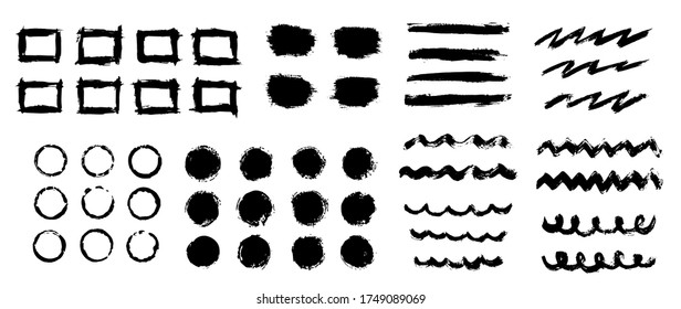 Large vector set of freehand abstract elements, black isolated on white background. Ink splashes, brush strokes  with grunge texture