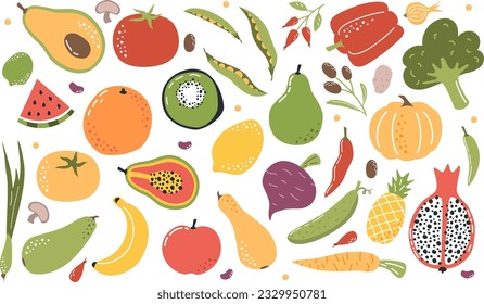 Large vector set of fruits and vegetables. Food products on white background 