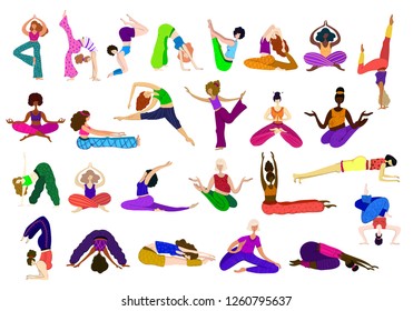Large vector set - girls or young women in various yoga poses, practice meditation and yoga, isolated on white, hand drawing and flat style