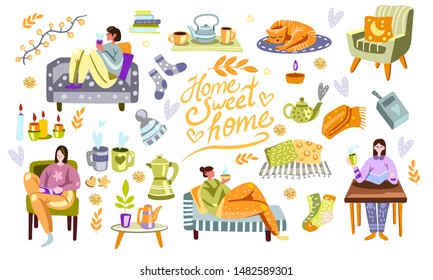 Large vector set of hand drawn young different looking women sitting, resting, lying, reading, drinking coffee at home. Objects of interior. Cozy objects for home and winter-autumn home rest. Isolated