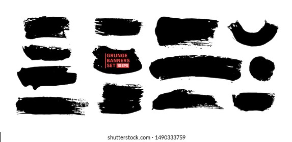 Large vector set hand drawn illustration.
Ink brush stroke texture background, dry rough edges. 
Grunge collection for quote boxes. Template for backgrounds, card design, frames, banners.