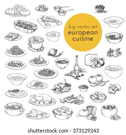 large vector set hand drawn illustrations of food. European cuisine. sketches for the decoration of restaurants, cafes, menus,