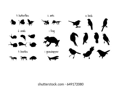 a large vector set of hand drawn natural silhouettes; organic graphic elements; insects; birds; snails; butterflies; frog; ants; bugs; beetles