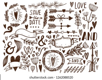 Large vector set of hand-drawn elements for Valentines Day or Wedding Day. Arrows, hearts, branches, plants, plates, fonts and other elements