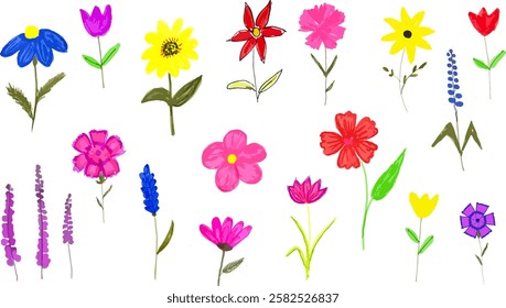 A large vector set of hand-drawn watercolor spring flowers, including daisies, tulips, lavender, and more. Vibrant and artistic botanical collection, perfect for prints, cards, packaging, and projects