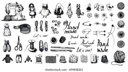 A large vector set of handicrafts, handmade. Contains elements of embroidery, sewing, knitting. It is executed in a graphic vintage style. Suitable for the design of magazines and books of needlework.