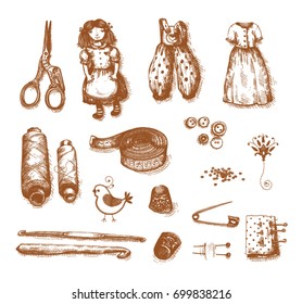 A large vector set of handicrafts, handmade. Contains elements of embroidery, sewing, knitting. It is executed in a graphic vintage style. Suitable for the design of magazines and books of needlework.